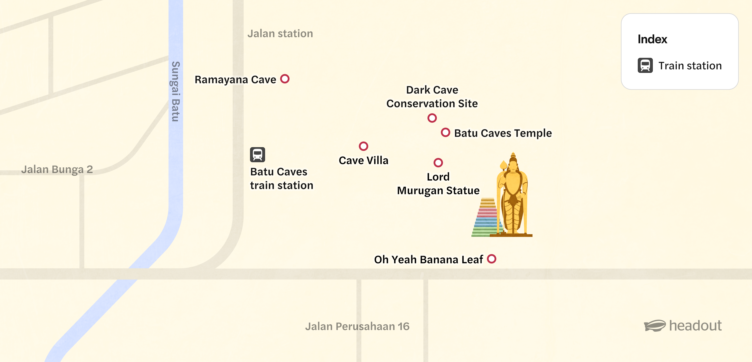 Map of Batu Caves area showing train station, Lord Murugan Statue, and nearby attractions.
