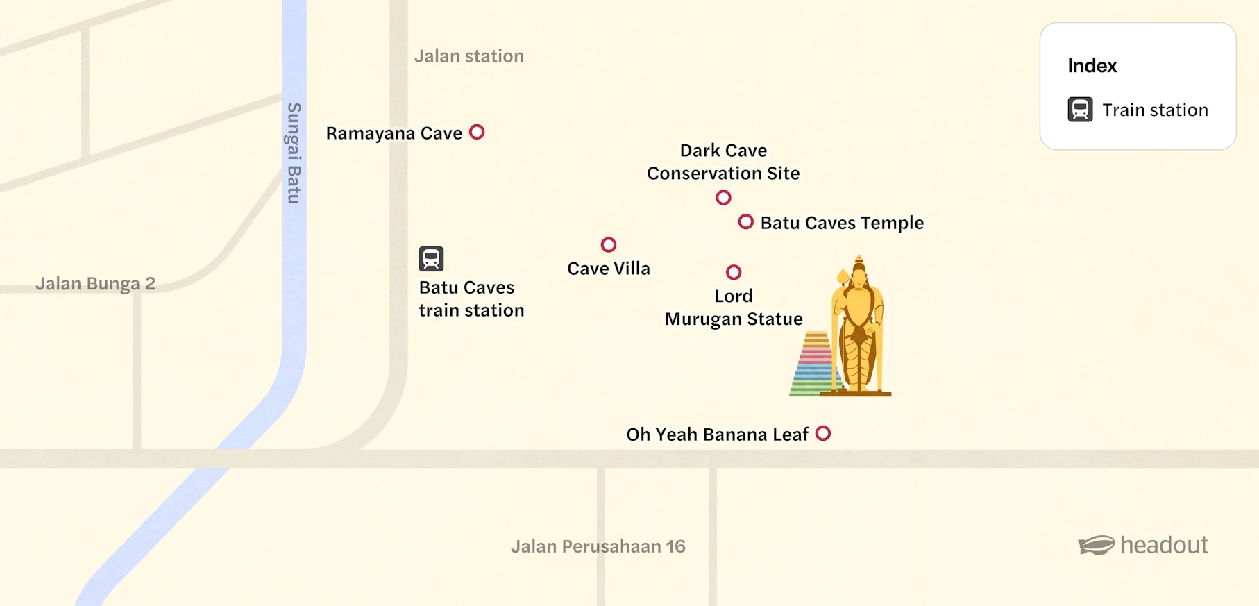 Map of Batu Caves area showing train station, Lord Murugan Statue, and nearby attractions.