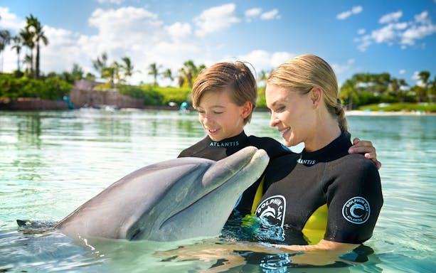 Child and adult interacting with a dolphin at Atlantis Aquaventure, Nassau, Bahamas.