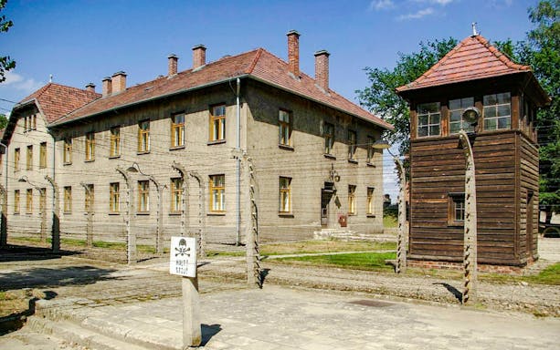 Watchtower and barracks at Auschwitz I, Auschwitz-Birkenau.