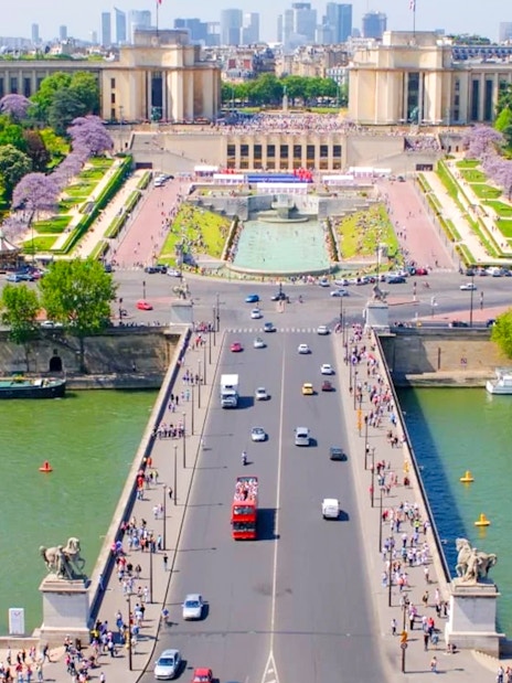 Aerial view of Seine River and Trocadéro Gardens in Paris, part of Eiffel Tower tour.
