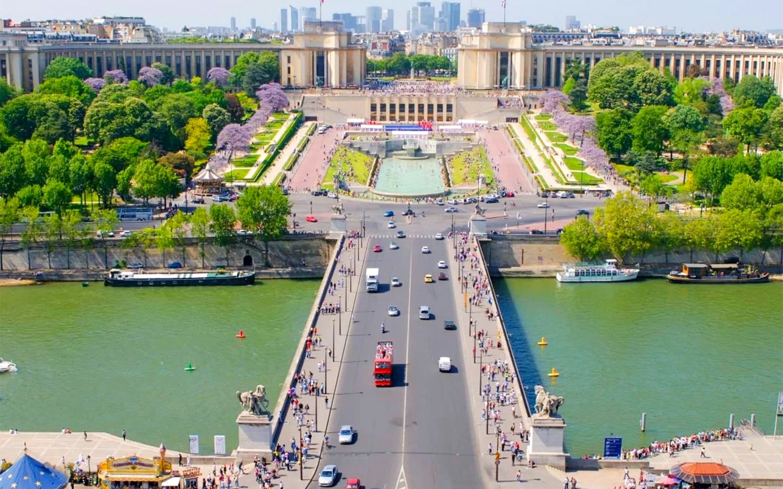 Aerial view of Seine River and Trocadéro Gardens in Paris, part of Eiffel Tower tour.