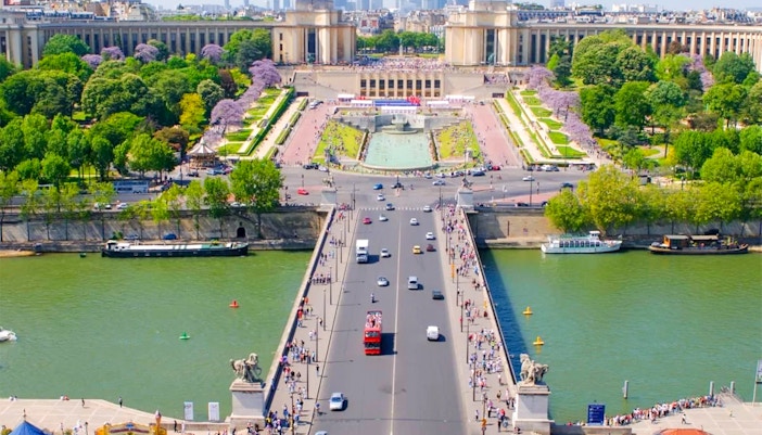 Aerial view of Seine River and Trocadéro Gardens in Paris, part of Eiffel Tower tour.