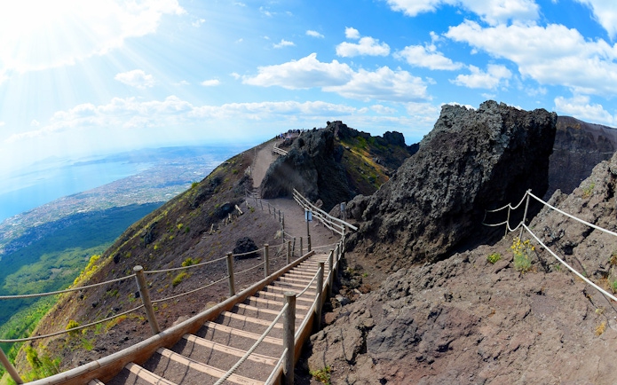 Walking trail leading to the summit of Mt Vesuvius with views of the Bay of Naples.