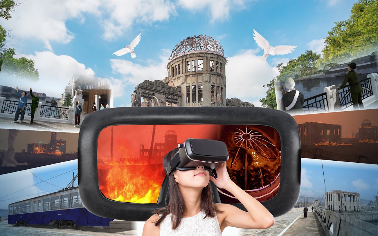 Virtual reality tour of Hiroshima Peace Park with historical scenes and Atomic Bomb Dome.
