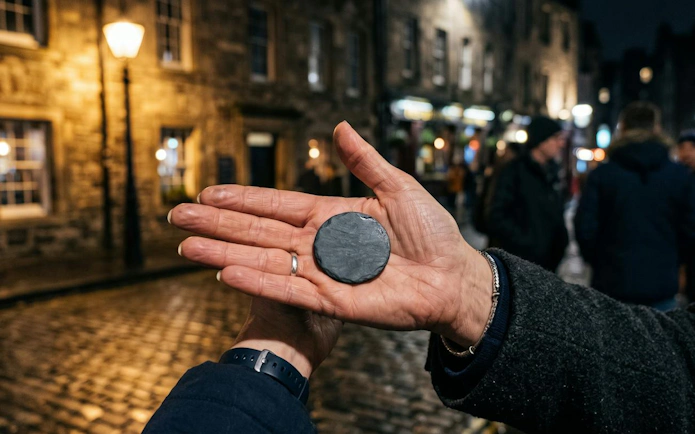 Hands holding a slate token on a cobblestone street during Edinburgh True Crime Walking Tour.