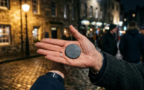 Hands holding a slate token on a cobblestone street during Edinburgh True Crime Walking Tour.