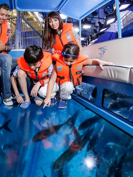 Children observing fish through a glass-bottomed boat at Dubai Aquarium and Underwater Zoo.