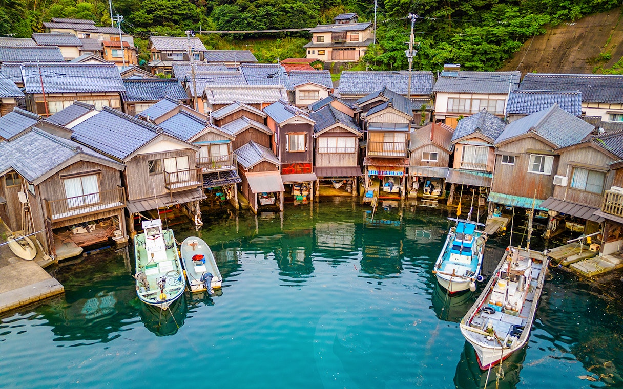 Ine Funaya boathouses along the waterfront with boats, Kyoto Coastal Tour.