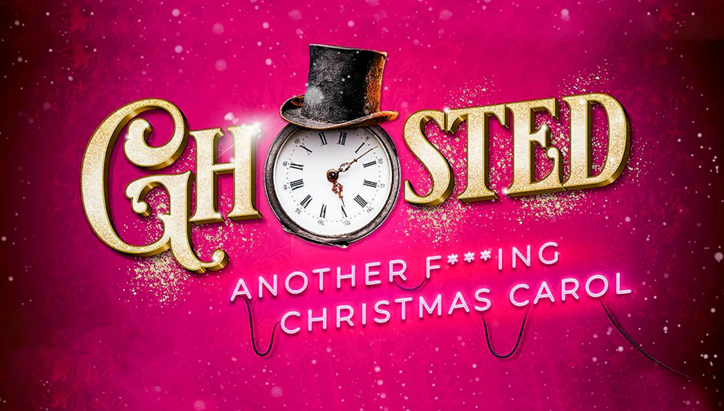 Ghosted show title with clock and top hat on pink background.