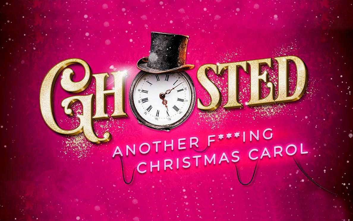Ghosted show title with clock and top hat on pink background.