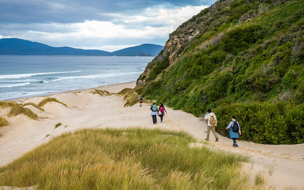 Tourists walking along Bruny Island coastal trail with ocean and greenery.
