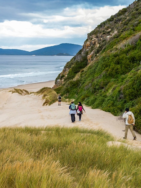 Tourists walking along Bruny Island coastal trail with ocean and greenery.
