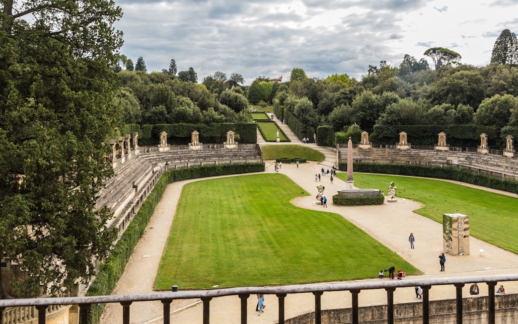 View of the amphitheater in Boboli Gardens from Pitti Palace window, Florence.