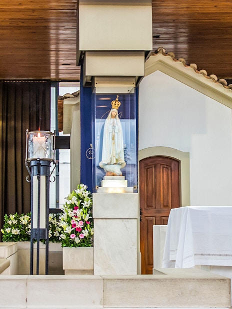 Chapel of the apparitions with statue of Mary in the Sanctuary of Fatima.