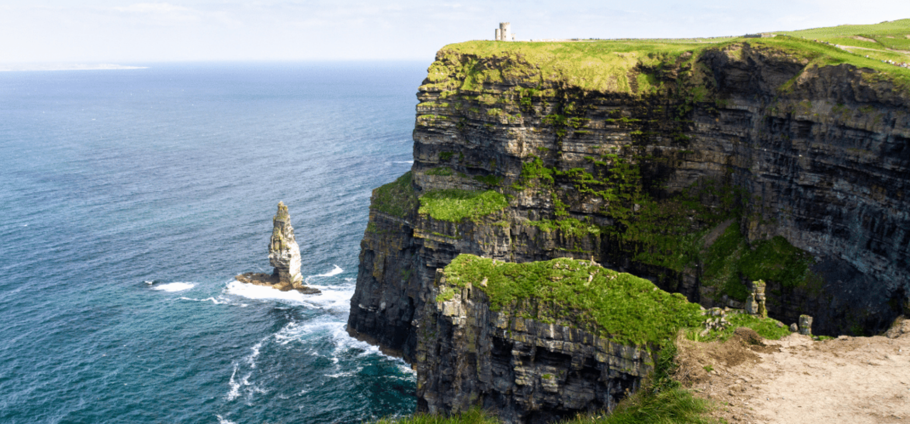 Cliffs of Moher with ocean view and O'Brien's Tower in County Clare, Ireland.