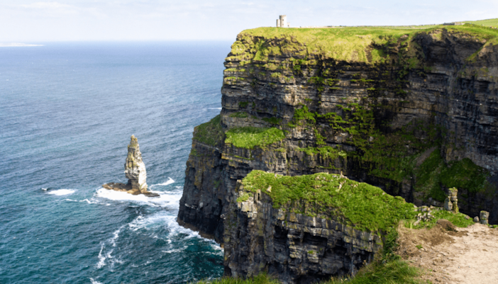 Cliffs of Moher with ocean view and O'Brien's Tower in County Clare, Ireland.