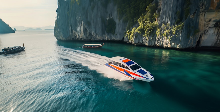 Speedboat cruising near limestone cliffs on Phi Phi Islands tour from Phuket.