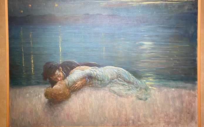 Lovers embracing by a moonlit lake, Juliet’s House Verona painting.