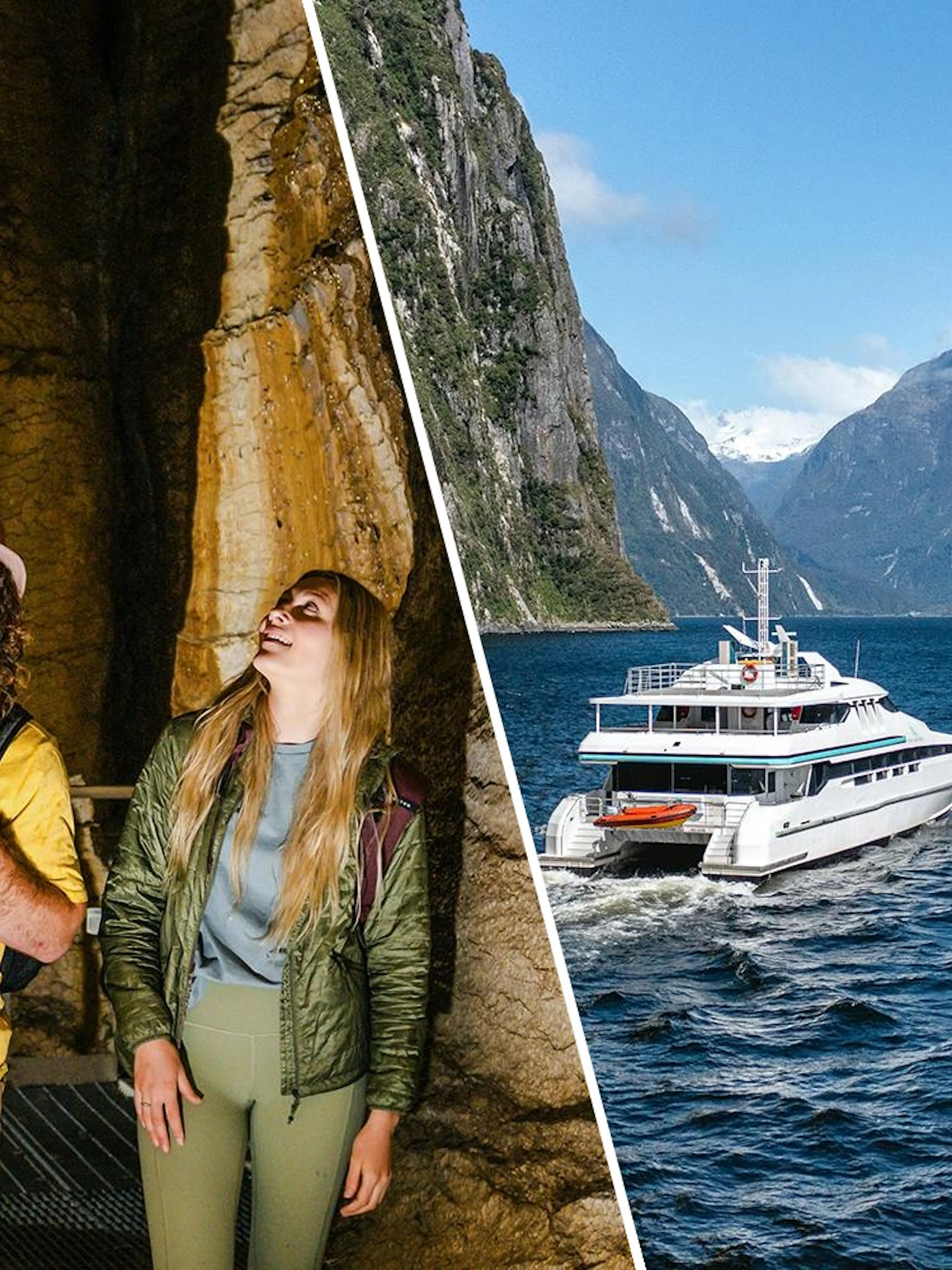 Tourists exploring Te Anau Glowworm Caves and a cruise ship in Milford Sound waters.