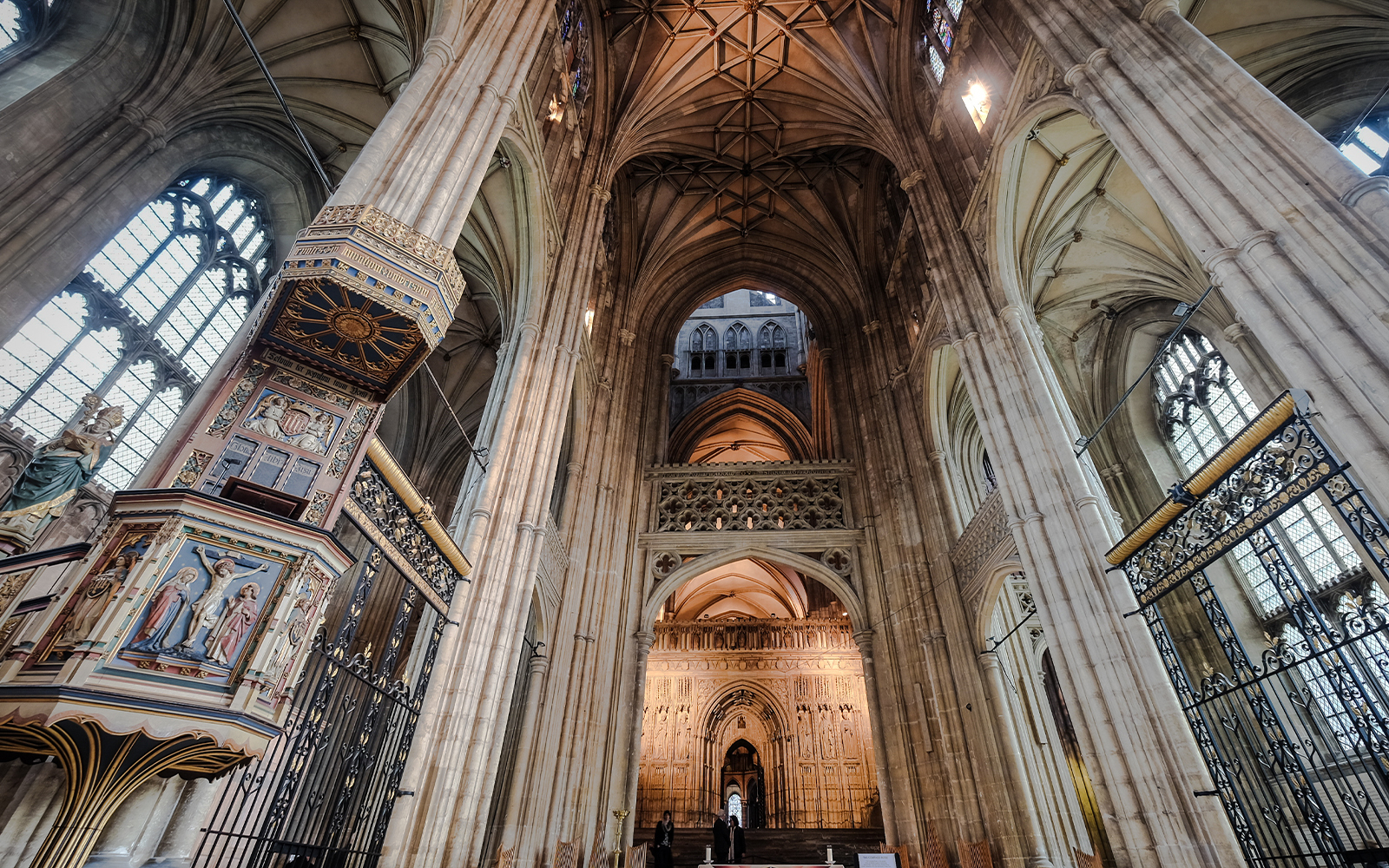Interior view of Canterbury Cathedral with pulpit on the left, Canterbury, UK.