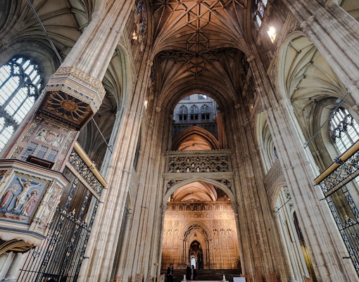 Interior view of Canterbury Cathedral with pulpit on the left, Canterbury, UK.