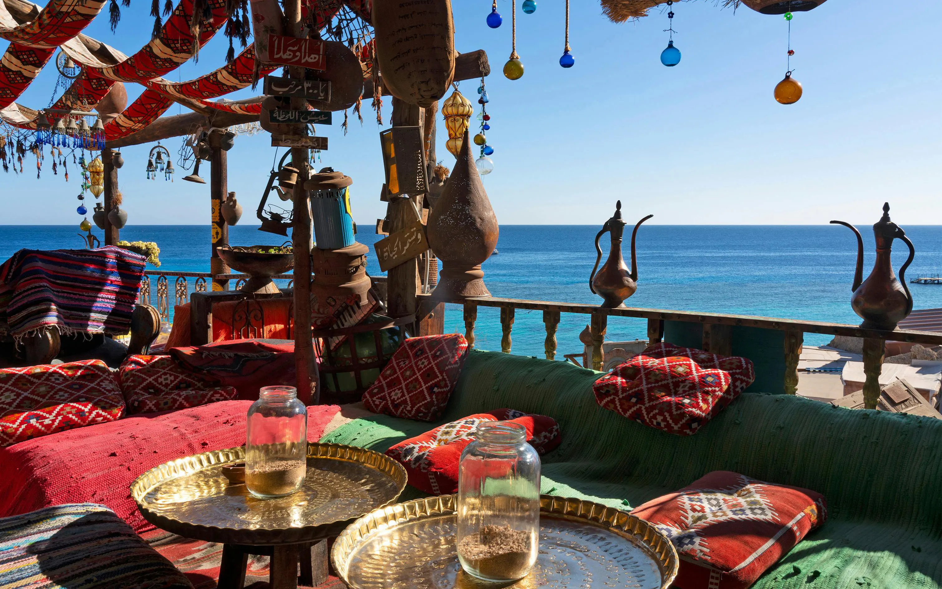 Farsha Vintage Cafe with sea view in Sharm El Sheikh, Egypt, featuring traditional Arabian decor.