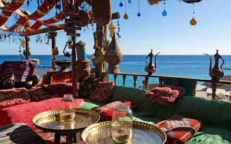 Farsha Vintage Cafe with sea view in Sharm El Sheikh, Egypt, featuring traditional Arabian decor.