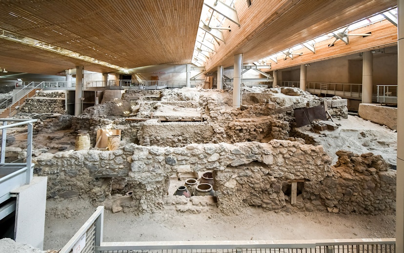 Akrotiri Archaeological Site Museum interior showing ancient excavation ruins.