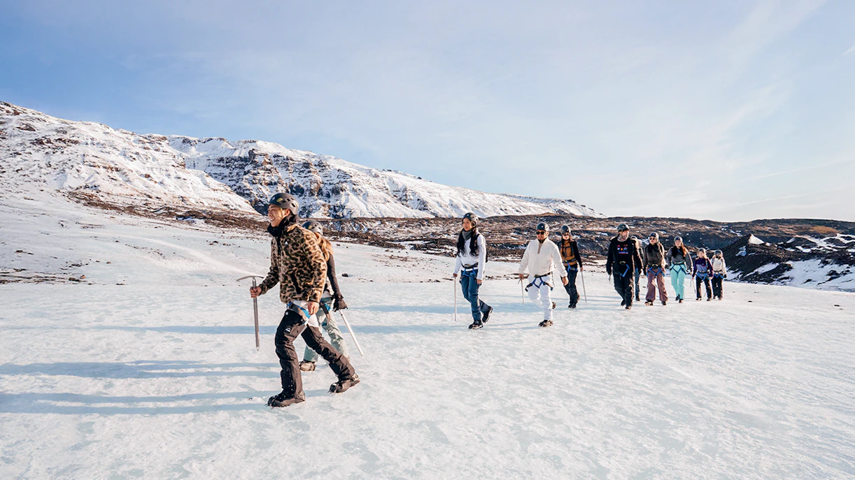 Guests trekking on Vatnajökull Glacier with ice axes in Iceland.