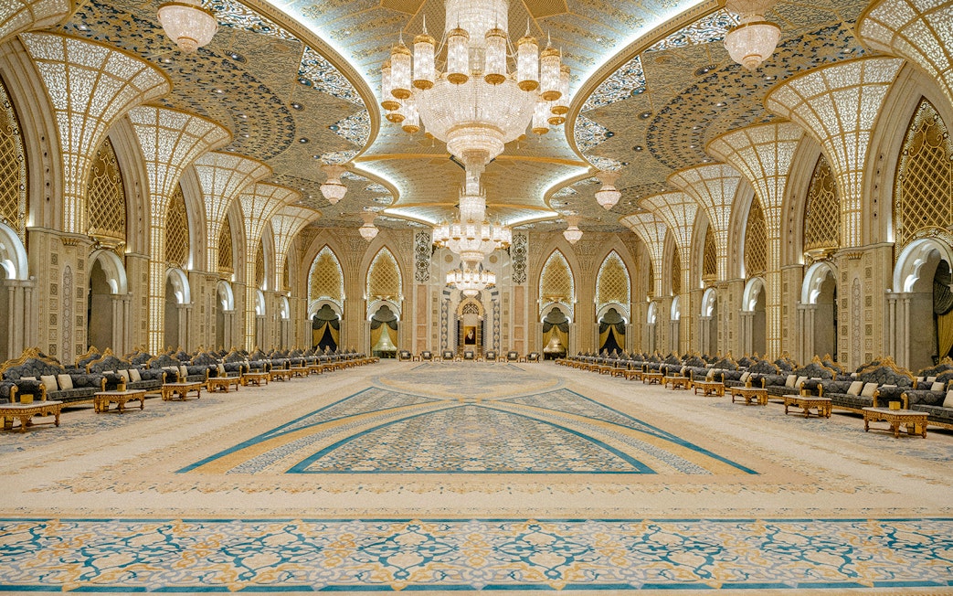 Ballroom of Ornamental Garden, Qasr Al Watan, Abu Dhabi, featuring intricate chandeliers and arches.