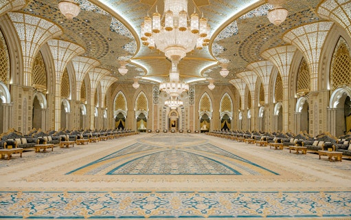 Ballroom of Ornamental Garden, Qasr Al Watan, Abu Dhabi, featuring intricate chandeliers and arches.