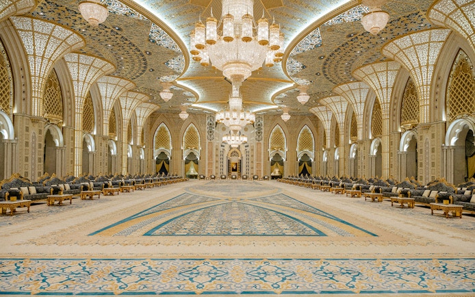 Ballroom of Ornamental Garden, Qasr Al Watan, Abu Dhabi, featuring intricate chandeliers and arches.
