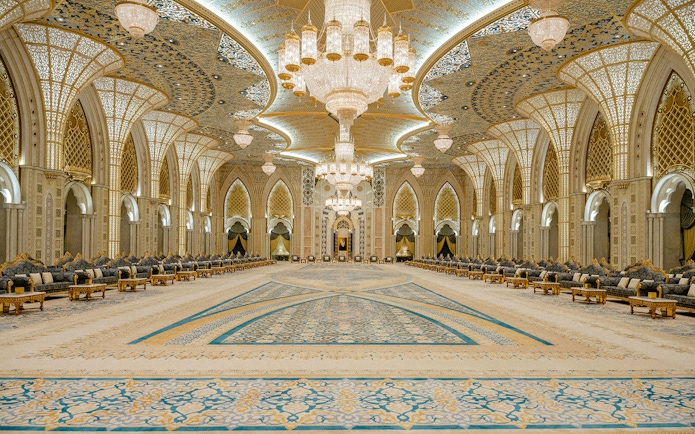 Ballroom of Ornamental Garden, Qasr Al Watan, Abu Dhabi, featuring intricate chandeliers and arches.