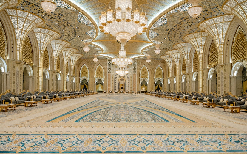 Ballroom of Ornamental Garden, Qasr Al Watan, Abu Dhabi, featuring intricate chandeliers and arches.