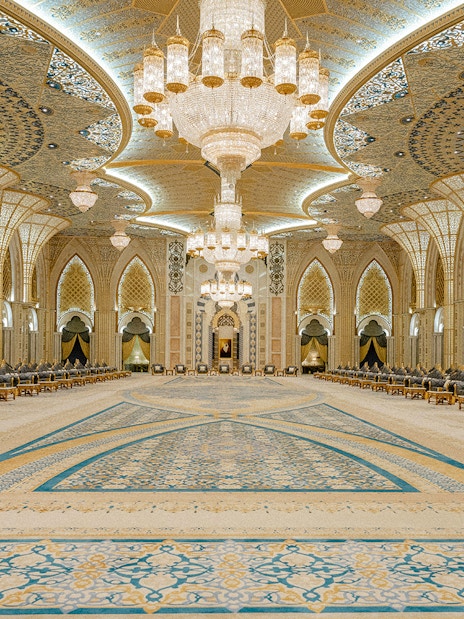 Ballroom of Ornamental Garden, Qasr Al Watan, Abu Dhabi, featuring intricate chandeliers and arches.