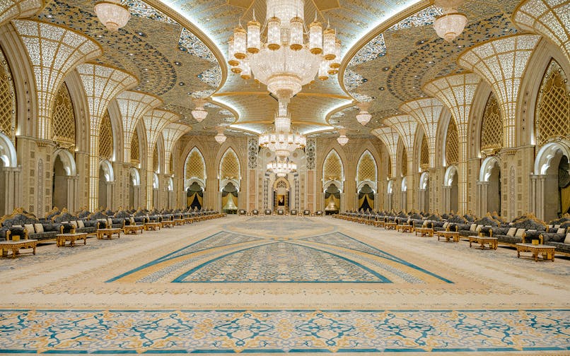 Ballroom of Ornamental Garden, Qasr Al Watan, Abu Dhabi, featuring intricate chandeliers and arches.