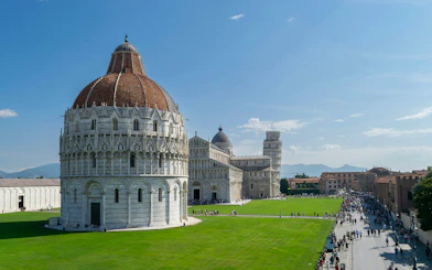 Tower of Pisa with cathedral and baptistery in Pisa, Italy.