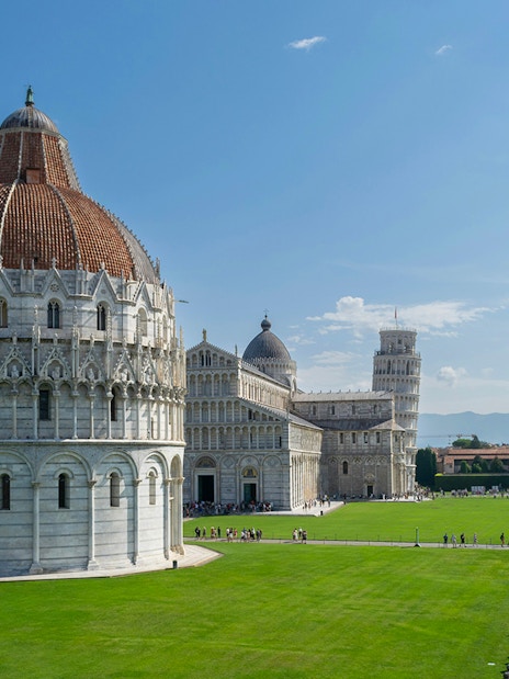 Tower of Pisa with cathedral and baptistery in Pisa, Italy.