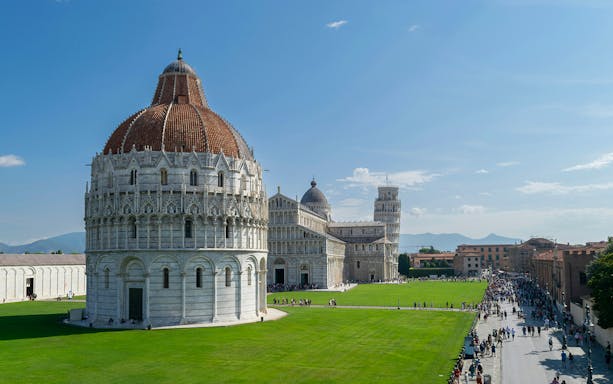 Tower of Pisa with cathedral and baptistery in Pisa, Italy.