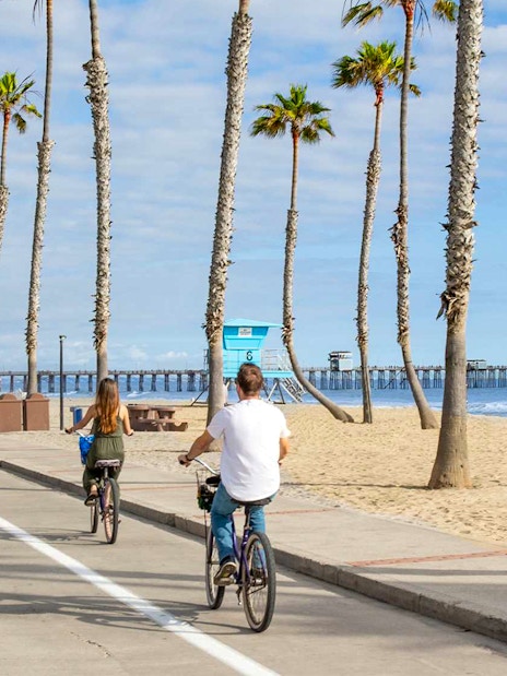 Cyclists on a beachside path with palm trees in San Diego.