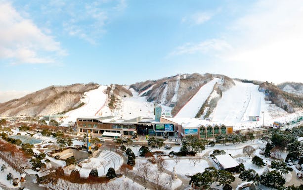Vivaldi Park Ski World slopes and facilities, winter landscape, South Korea.