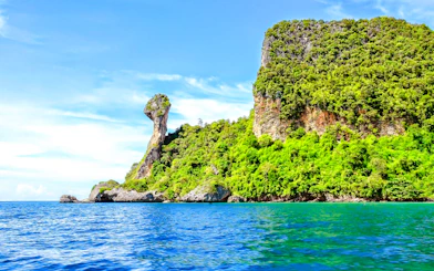Rocky island with lush greenery in Krabi, viewed from the sea, part of 4 Islands tour.