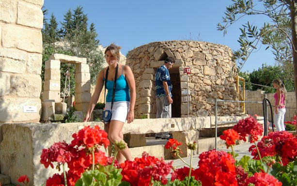Prehistoric stone structure with tourists exploring, surrounded by vibrant red flowers.