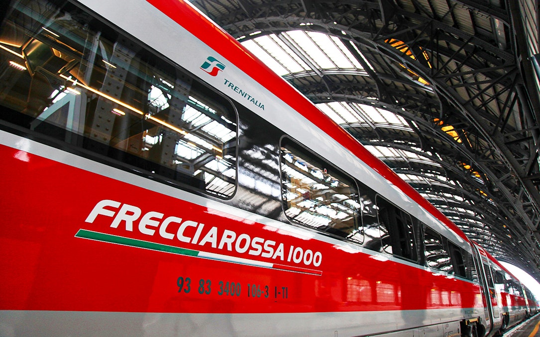 Frecciarossa 1000 train at an Italian station, part of the 30-Day Italy Train Pass.