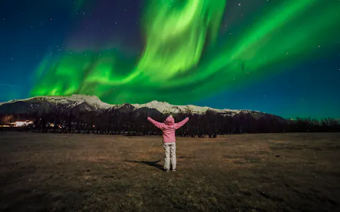 Tourist admiring Northern Lights in Reykjavik, Iceland.