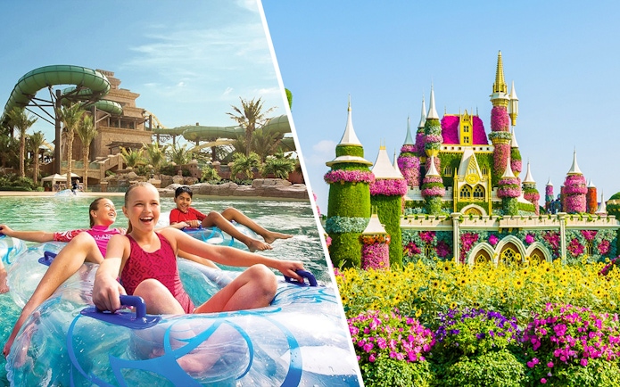 Children enjoying a lazy river at Aquaventure Waterpark and floral castle at Dubai Miracle Garden.