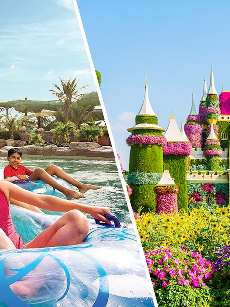 Children enjoying a lazy river at Aquaventure Waterpark and floral castle at Dubai Miracle Garden.