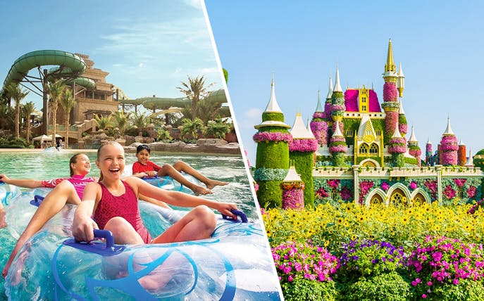 Children enjoying a lazy river at Aquaventure Waterpark and floral castle at Dubai Miracle Garden.