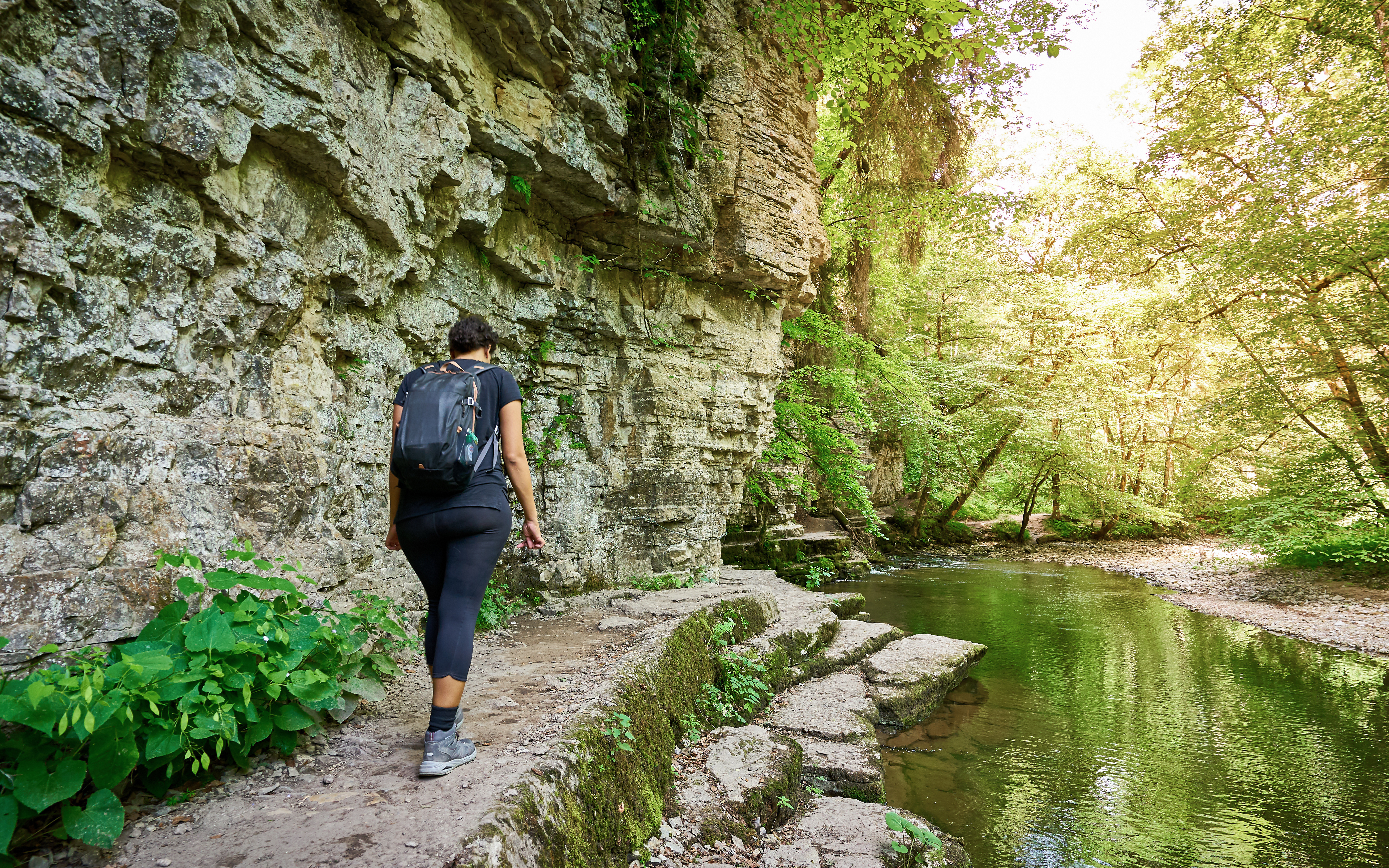 Person hiking along a rocky path beside a stream in the Black Forest, Germany.